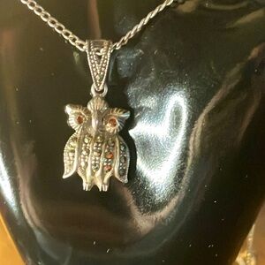 Vintage Sterling Silver Garnet & Marquisate Owl Pendant & Sterling Chain